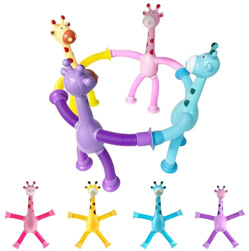 STQDEU - Juego de 4 juguetes para chupar jirafa para niños, retráctiles, juguete para niños pequeños en avión, juguete de viaje flexible para bebés, juguetes pequeños para niños pequeños (juguete