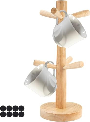 Ruikcoll Support de tasse en bois, support de bretzel, pour comptoir de cuisine, 6 bras, étagère pour tasses à café en bois avec 8 coussinets en silicone