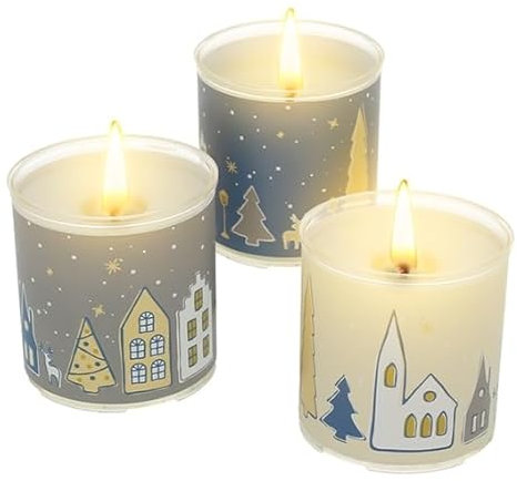 Kit para hacer 9 velas navideñas en vaso con decoración exclusiva de pueblo nevado. Incluye materiales y receta paso a paso. Ideal para regalar y sorprender a amantes de manualidades y DIY.