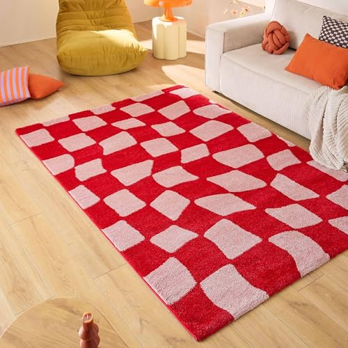 Nazar Teppich Groovy, bunt, Vintage, Retro, geometrisch, Orange, Gelb, Rosa, Rot, flauschig und bequem, Wohnzimmerteppich (383 Rouge, 200x280 cm)
