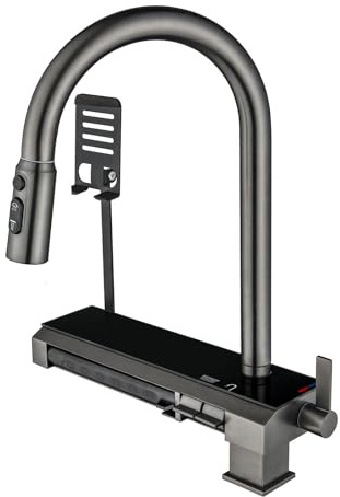 Wasserhahn Küche Wasserfall, Küchenarmatur mit Brause Ausziehbar, Mischbatterie Küche Mit Handyhalter, Spültischarmatur Mit 4 Wasserauslassmodi, 360°-Drehung, hoher Bogen, Klaviertasten-Design