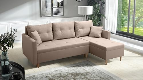 DMSM Skandinavisches Ecksofa mit Schlaffunktion, beige, klappbar, 2 Staufächern Scandik PIK