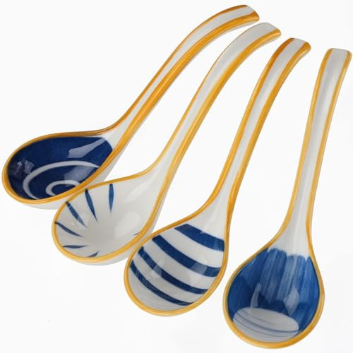 4Pcs Soup Spoons,Ceramic Chinese Spoons,Set of 4Japanese Ramen Spoon Creative Porcelain Asian Soup Spoons for Ramen Pho Cereal Wonton Dumpling Miso (Yellow)