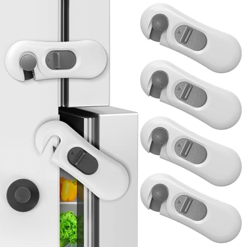 Childproof Refrigerator Lock, Child Safety Locks, Child Proof Cupboard Locks, Self-Adhesive Refrigerator Door Lock for Kitchen, Easy to Install (White-4pack)