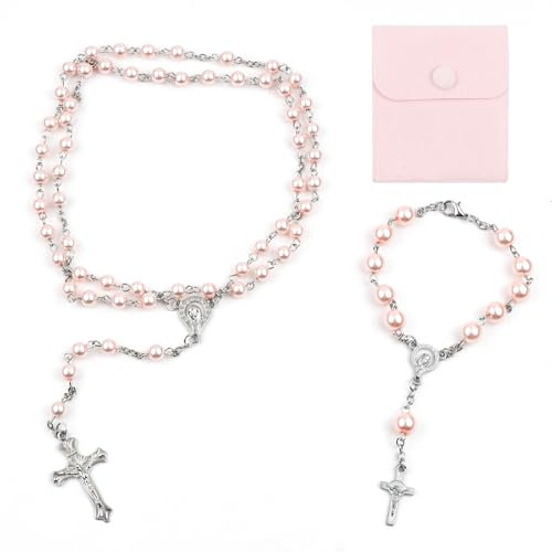 PLCatis Collana del Rosario Cattolico per Donna, Collana del Rosario Rosa con Crocifisso D'Epoca, Rosario Cristiano con Sacchetto di Velluto, Battesimo, Comunione, Festa Nuziale, Perla 6 mm