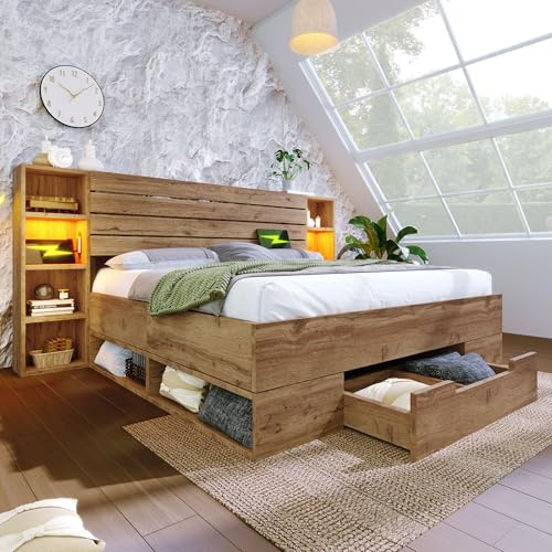 KUAKE Doppelbett 160×200cm, Massivholzbett Stauraumbett Bettanlage mit LED-Beleuchtung und USB C Stauraum-Kopfteil und Schubladen, Bettgestell Lattenrost aus Holz (160×200cm)