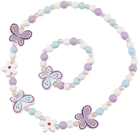 Souvik 2 teiliges Kinderschmuck Set Holz Halskette und Armband für Mädchen Schmückendes Schmuckset für Kinder mit Schmetterlings und Blumenperlen für Geburtstag oder Alltag Blaulila