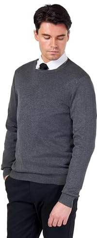 Mens Pure Cotton Drak-Grey Round Crew Neck Jumper Classic Fine Knit Lightweight Pullover Sweater [JUMPER-CREW-NECK-542- Dark-Grey-M]