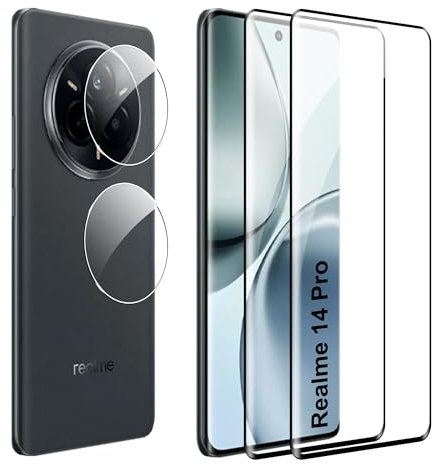 FDHYFGDY 2 pezzi per Realme 14 Pro Pellicola protettiva per vetro temperato,2 pezzi di pellicola in vetro per fotocamera,durezza 9H,protezione schermo antigraffio e senza bolle