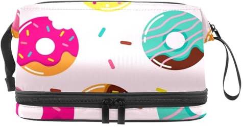 Donuts Sweet Desert Doppellagige Kosmetiktasche für Frauen und Mädchen, Reise-Kulturbeutel, Make-up, praktische Tasche, Organizer Tasche mit Pinselfach, multi, 27x15x14 cm/10.6x5.9x5.5 in,