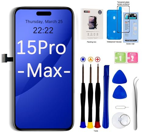 EFaith Schermo di ricambio per iPhone 15 Pro Max da 6,7 pollici, schermo LCD Full HD, touch screen 3D, montaggio con kit di strumenti di riparazione, adesivo e vetro temperato