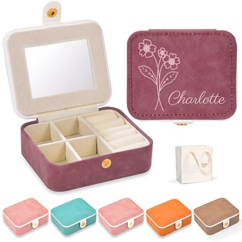 WASHNN Personalisierte Schmuckschatulle, Reise-Schmuckkästchen, PU Kleine Schmuckschatulle, Reise-Mini-Schmuckkästchen, geeignet für Ringe, Ohrringe, Armbänder, Halsketten (Rechteckig Lila)