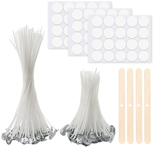 Kit de Mechas para Velas - 50 Mechas de Algodón, 10cm/20cm Mecha de Algodón Natural,60 Adhesivos y 4 Soportes de Madera, Ideal para DIY en la Fabricación de Velas y Candelabros