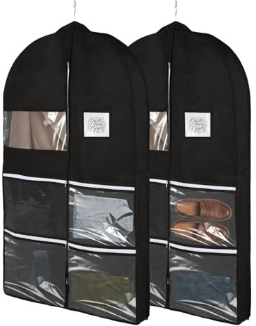 2 stück Kleidersack, Kleidersäck Lang 100x60cm, Atmungsaktive Kleiderhülle für Anzüge und Mäntel, 4 transparente Taschen, Schutztasche gegen Motten, Anzug Schutzhülle für Kleider, Jacken