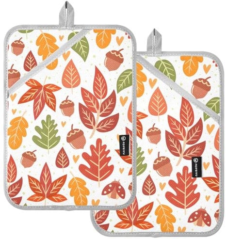Autumn Leaves Beige Pot Holders Heat Insulated Cute Oven Mitts and Pot Holders for Baking Kitchen Decor, Set of 2