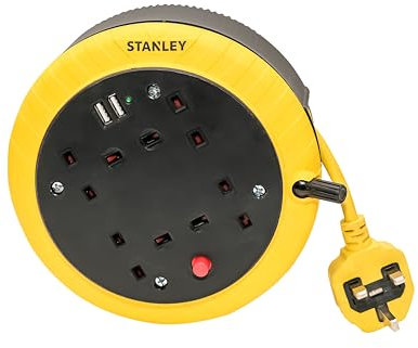 STANLEY 5M Cable Reel with Four 240V sockets and Two USB sockets - The Design ensures The Cable is Fully Protected During Transportation - LED Indicator Overload Protection System