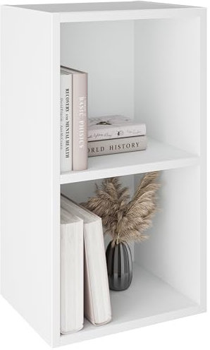 White Bookcase, 2 Tier Cube Storage Small Bookshelf, Wooden Shelving Display Unit, Freestanding Open Book Shelf for Office, Living Room, Bedroom Furniture H54 x W30 x D24 cm