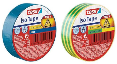 tesa Isolierband - Selbstklebendes Isolierband - 2x 10 m - 1x BLAU - 1x Grün-Gelb, hitzebeständig - Zum Isolieren, Reparieren und Bündeln