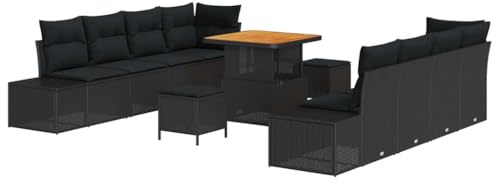 vidaXL 11-teiliges Gartensofa-Set mit Kissen in Schwarz aus Poly Rattan und Akazie – Perfekte Gartenmöbel für Deine Terrasse oder den Patio. Modular und ideal für eine lässige Gartenlounge im Sommer.