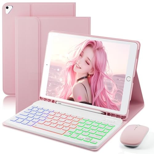 Funda con teclado para iPad de 9.7 pulgadas, iPad 6ª (2018)/iPad 5ª generación (2017), iPad Pro 9.7 (2016), iPad Air 2 (2014) – Teclado magnético retroiluminado con 7 colores arcoíris con soporte para