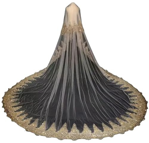 JBJYGSG Schleier Braut 3,0 m Länge, breit, einlagiger Hochzeitsschleier mit Kamm, weißer Brautschleier Spitzenkante, Champagner-Applikationen, Kathedralenhochzeit