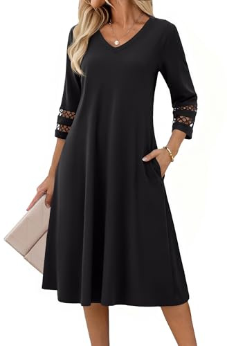 Zeagoo Womens Summer Dress 3/4 Sleeve Dresses V-Neck Elegant Tunic Dress | A-Line Flowy Dresses|Eyelet Mididress|Sundress with Pockets| Solid Color|Loose|Classic|S-XXL
