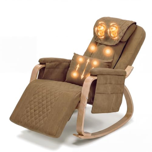 Asukale Massage Schaukelstuhl, Relaxsessel, Fernsehsessel mit 3 Zonen Massage, Massagesessel mit Waermefunktion verstellbare Kopfstuetzte und Fußstütze, Bezug abnehmbar 150kg belastbar, Hellbraun