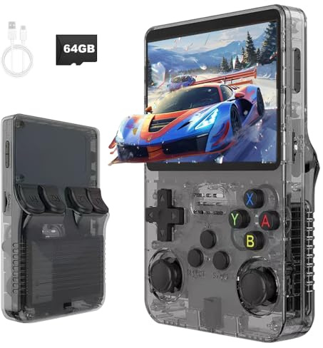 R36S Handheld Spielkonsole, 3,5 Zoll IPS Bildschirm, 64G Retro Konsole, Tragbare Retro Spielekonsole Support 30000+ Classic Games & Multi-Emulator Unterstützung für Kinder und Erwachsene (Schwarz)