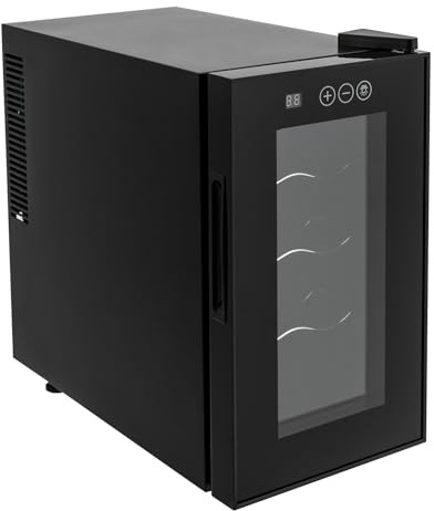 HUOMMGS Frigorífico de vino pequeño, 12-18 ℃, ajustable, silencioso, iluminación LED, doble cristal templado, moderno refrigerador de botellas, frigorífico para bebidas para oficinas (8 botellas)