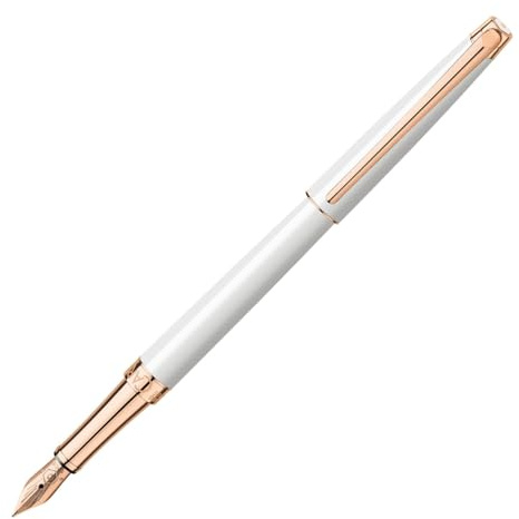 Caran d´Ache Léman Slim Füllfederhaltermit einem Schaft und Kappe aus Messing mit Lack in Weiss, Schreibfeder aus Gold 18 Karat, Federstärke: M, Länge: 14.1 cm, 4791.001