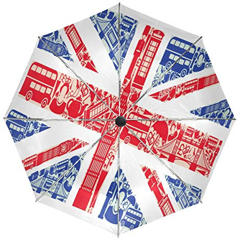 Wamika England Flag Landscape Automatic Umbrella Britain Big Ben Truck Windproof Waterproof UV Protection Travel Umbrella - 3 Folds Auto Open/Close Button Sun&Rain Car Umbrella