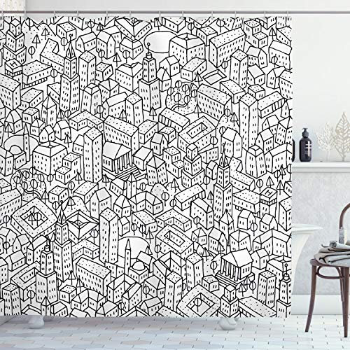 ABAKUHAUS Gekritzel Duschvorhang, Crowded Stadtleben, Stoffliches Gewebe Badezimmerdekorationsset mit Haken, 175 x 180 cm, Weiß Schwarz