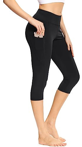 adorence Leggings Damen 3/4, Capri Leggings Damen mit Tasche, Sporthose Damen 3/4 (Yogahose, High Waist, Blickdichte)-Schwarz,L