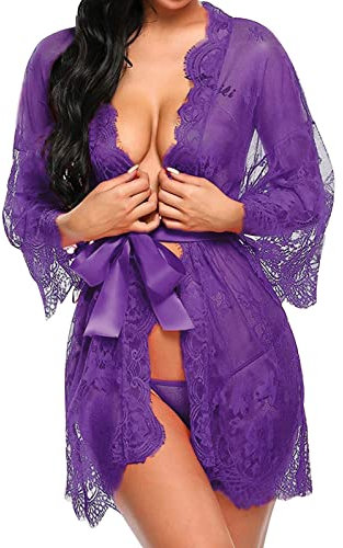 Tuopuda Femme Chemise de Nuit Sexy Dentelle Lingerie Pyjama en Dentelle Transparente avec G-String Robes de Chambre Vêtements de Nuit Nuisette Peignoirs de Bain,S,Violet-Violet