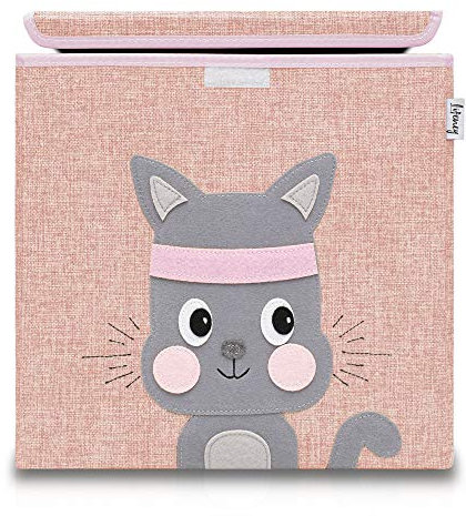 LIFENEY Aufbewahrungsbox mit Deckel und Katze I Spielzeugbox mit Tiermotiv passend für Würfelregale I Ordnungsbox für das Kinderzimmer I Aufbewahrungskorb Kinder