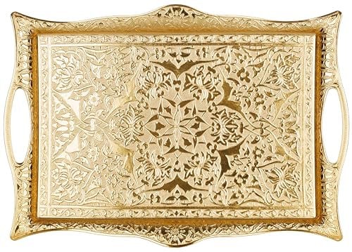 DEMMEX Engraved Turkish Tea and Coffee Serving Tray - Decorative Gold Rectangular Tray for 6, Heavy-Duty Metal, 14.5 x 10, Ideal for Tea and Coffee Sets, Elegant Home Accent and Centerpiece