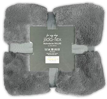 jilda-tex Wohn- Kuscheldecke Felloptik Rabbit Deluxe 150x200 cm 750 GSM Felldecke (Hellgrau)