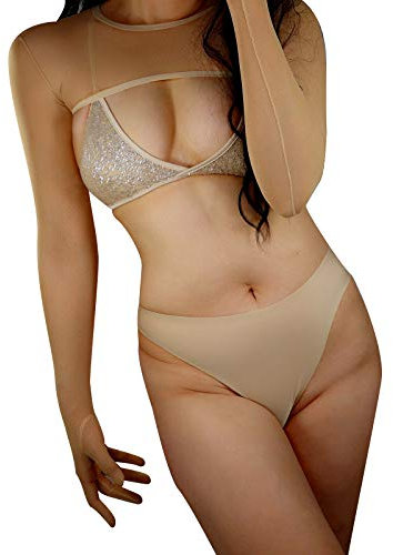 DooWay Women Mesh Bolero Gloves Crop Top Long Sleeve Shrug with Gloves, Nude, Medium