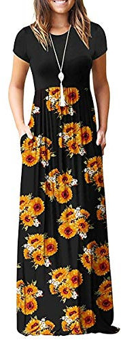 AUSELILY Maxi Dress for Women Summer Casual Long Dresses for Ladies with Pockets L Black Sunflowers