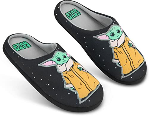 Disney Men's Slippers - Baby Yoda Indoor House Shoes Size 6-12 Non Slip Sole - Gifts for Him (Black Baby Yoda, 8 UK)