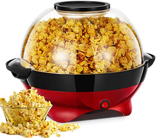 HOUSNAT Máquina de palomitas de maíz, máquina de palomitas de maíz de 28 tazas, 800 W, con tecnología de calor rápido, superficie antiadherente extraíble, asas de tacto fresco, cubierta transparente