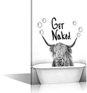 Bathroom Canvas Wall Art Black And White Artwork Farm Highland Cow in Bathtub Wall Picture Print Modern Giclee Wall Decor Artwork for Wall Decoration Ready To Hang 12x18inch (30x45cm)
