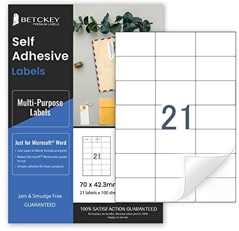 BETCKEY - 100 Fogli, 70 x 42mm, A4 Adesivi per Stampante, 21 Etichettes per Foglio, Carta Adesiva Stampabili per Stampante a Getto d'Inchiostro e Laser
