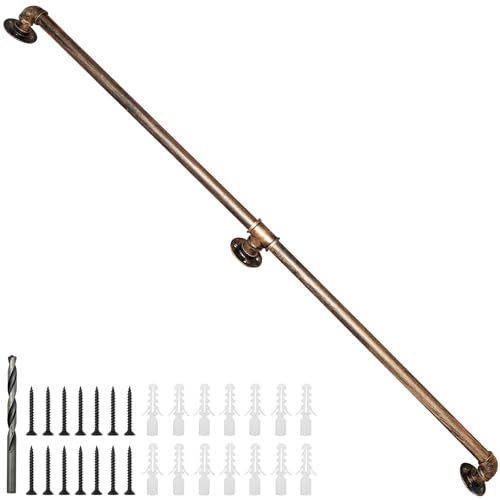 Rebala Wandhandlauf, 2,1 m, industrielles Treppengeländer, 3,2 cm Rohrdurchmesser, verzinkter Rohrhandlauf, Handläufe für Innentreppen mit Wandhalterung für Innen- und Außenbereich, antikes Messing