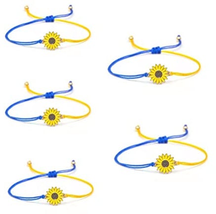 Mify Ukrainian Flag Peace Sunflower Bracelet, 5pcs Adjustable Cord Sunflower Daisy Blue Yellow Wax Thread Braided Friendship Alloy Bracelet
