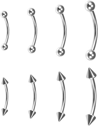 BLISI 8PCS 16G Implant Grade Titanium Silver Curved Barbell Eyebrow Piercing Rings Vertical Labret Lip Jewelry Rook Piercings 6mm/8mm/10mm/12mm Body Piercing Jewelry