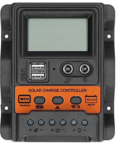 TKSE Solar Charge Controller, LCD Display PWM Regulator Double USB DC Discharge Waterproof Control Solar Panel Battery Regulator 12V‑24V(20A)