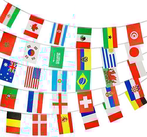 PHENO FLAGS Flaggenkette - 10 Meter Wimpelkette mit 30 Länderflaggen Flaggengröße je 14x21cm - Flaggenabstand 15cm - 75D Polyester Stoff-Girlande
