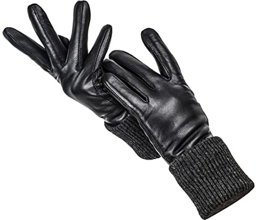 Gestrickte Wolle Leder Damen Handschuhe Schwarz Leder Damen Lederhandschuhe Warm Winter Handschuhe