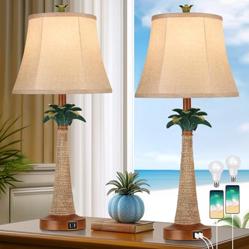 Set of 2 Palm Tree Table Lamp with 2 USB Port Living Room Beach Bedside Lights Tropical Bedside Lights for Bedroom Home Decor